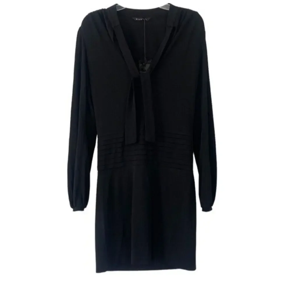 Black Halo Dress Black Long Sleeve Sheath Dress Tie Neck Pleated Size Medium New